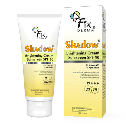 Fixderma Shadow Brightening Sunscreen SPF50 PA+++ with 1% Alpha Arbutin | UVA/UVB, Broad Spectrum Protection | Reduce Tan & Brightens the Complexion | Lightweight, No White Cast, All Skin Type - 50GM