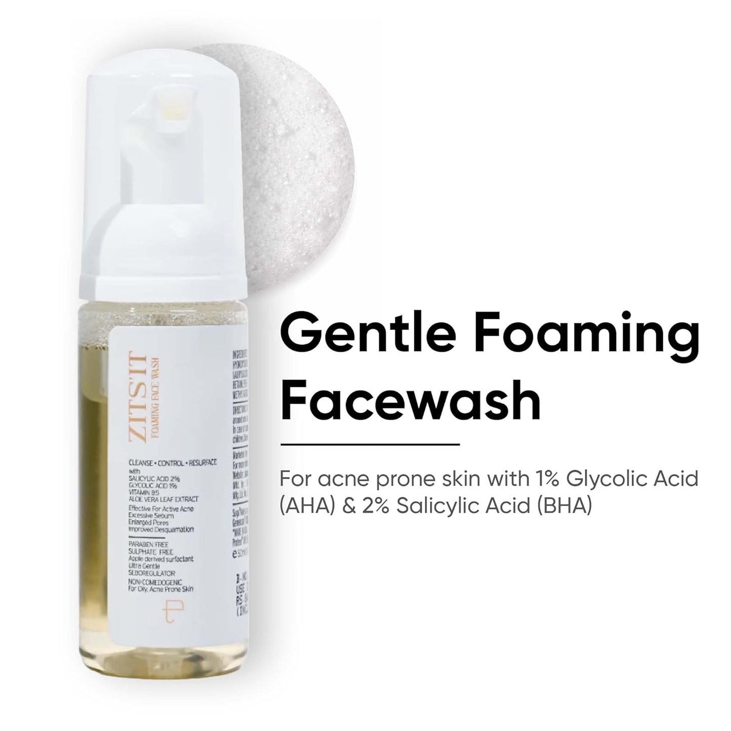 Personal Touch Zitsit Foaming Anti Acne Face Wash with 1% Glycolic Acid & 2% Salicylic Acid | AHA BHA Cleanser for Acne, Blackheads & Whiteheads | pH 5 | Sulphate Free | Oily, Dry & Acne-Prone Skin | 50ml