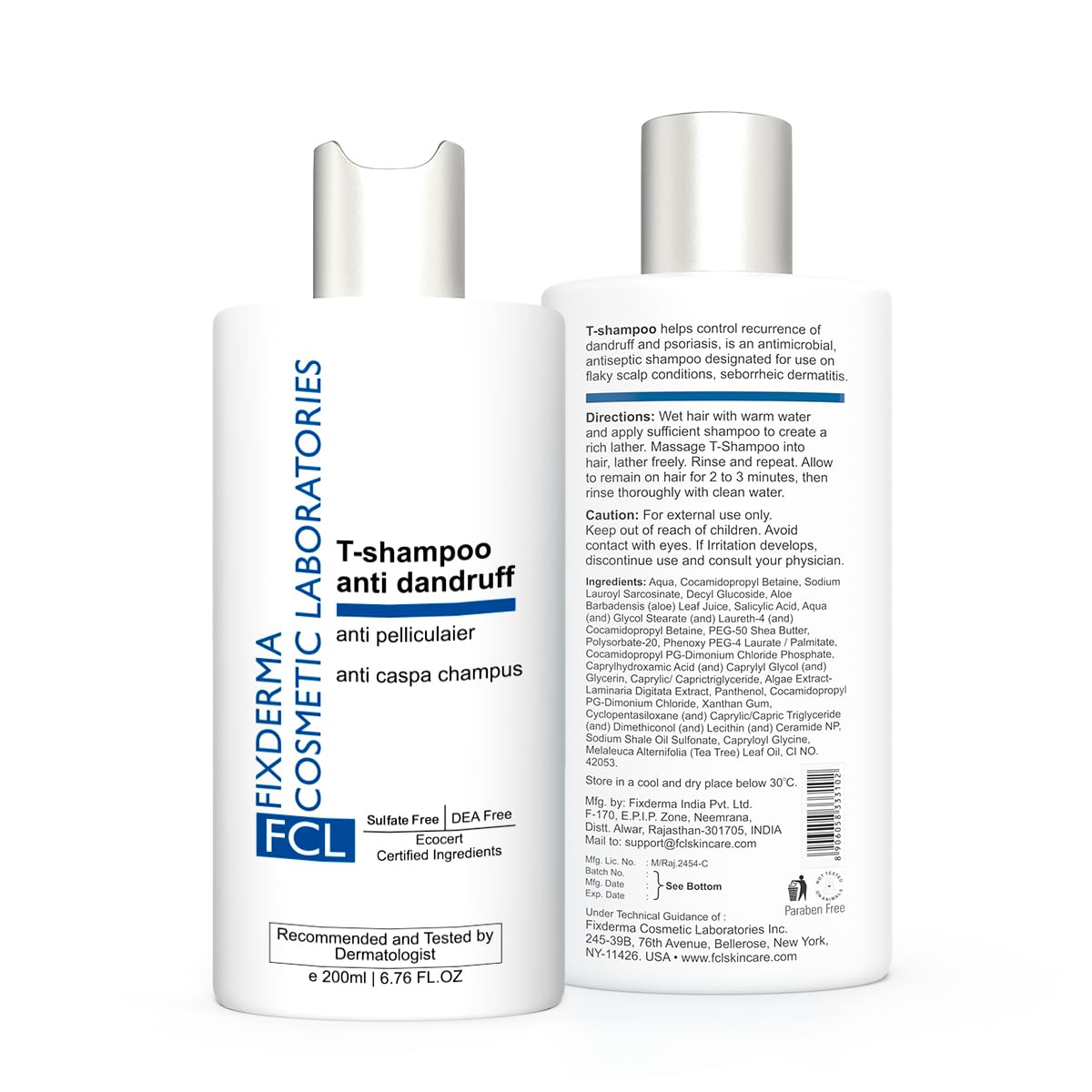 FCL T-Shampoo For Dandruff, Itchy Scalp, Scalp Psoriasis & Seborrheic Dermatitis | Removes Excess Oil & Flake Free Scalp | Anti Dandruff Shampoo | Sulphate & Paraben Free | For Sensitive Skin - 200 ml