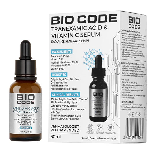 Bio Code 2% Tranexamic Acid & 5% Vitamin C Radiance Renewal Serum (30ml) – with 3% Niacinamide, 1.5% Hyaluronic Acid & 0.5% Vitamin E | Dermatologist Recommended