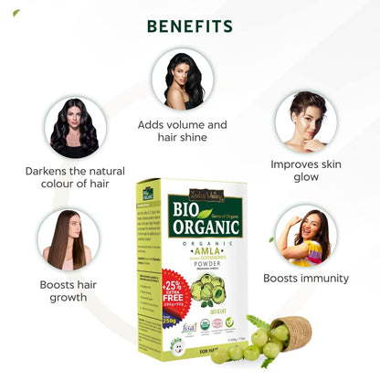 Bio Organic Amla Powder packaging with benefits listed on a white background