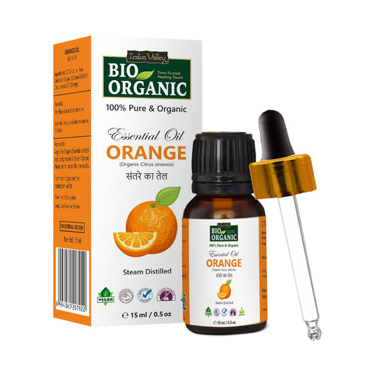 Bio Organic Orange essential oil bottle with dropper and packaging on a white background