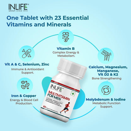 INLIFE Multivitamin Tablets for Men | Enriched with Zinc, Vitamin C, Vitamin D3, and Essential Minerals | Supports Energy, Stamina, and Immunity | Overall Health & Wellness - 60 Tablets