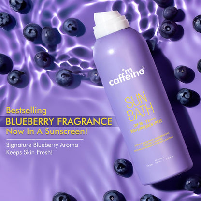 Purple sunscreen bottle with blueberries on a purple background