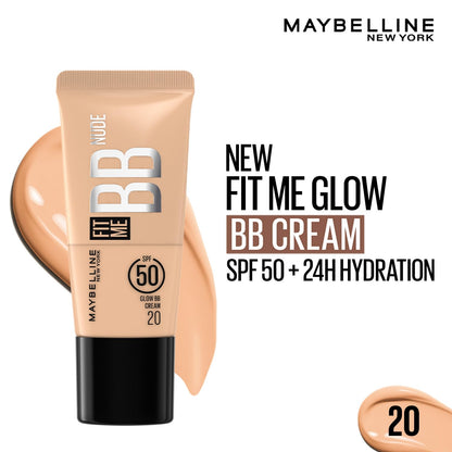 Maybelline, Fit Me, BB Cream, Glow BB Cream, SPF 50, Niacinamide, Hyaluronic Acid, Dewy Finish, Hydrating, Moisturizing, Normal Skin, Dry Skin, Face Makeup, Light Coverage, Shade 20, Adult, Tube Packaging, Glow Makeup, Daily Wear