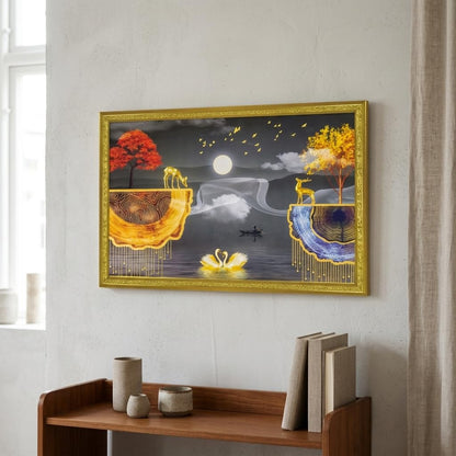 Abstract art Framed Golden Foil 3D Style Landscape Painting with 2 Deer Standing on Edge | Ready to Hnag - (14 x 20 inch, Multicolor)