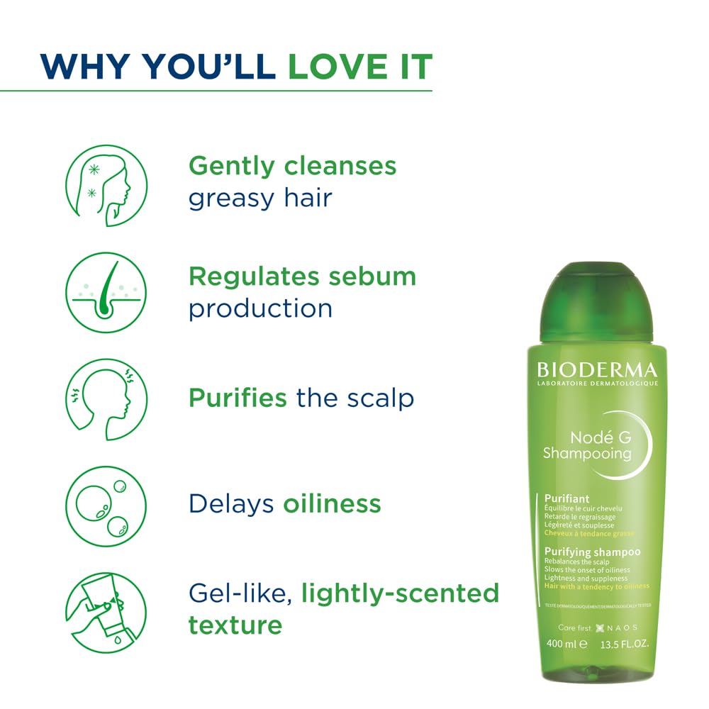 Bioderma Node G Shampoo bottle with benefits listed on a white background