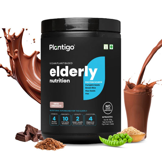 Plantigo Superior 51+ Plant Protein Powder for Seniors | Elders, Old Men & Women | No Sugar, Low Calories | Pea Protein, Oats | Heart Health & Muscle Recovery, Protein (Swiss Chocolate - 500g)