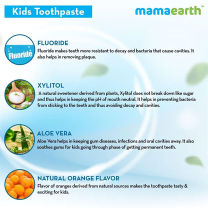 Mamaearth Natural Toothpaste For Cleanses Cavity,Plaque Repairing, Orange Flavour, SLS Free, With 750 Ppm Fluoride, 4+ Years, Plant Based with No Harmful Chemicals, 50Gm