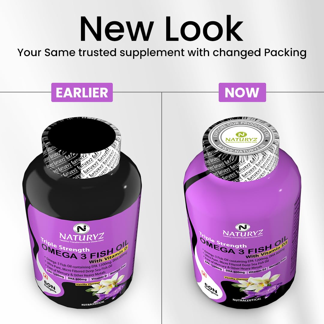 Comparison of Naturez Omega 3 Fish Oil supplement packaging, earlier and now design.