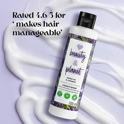 Beauty & Planet conditioner bottle on a swirling white and purple background with text rating the product.