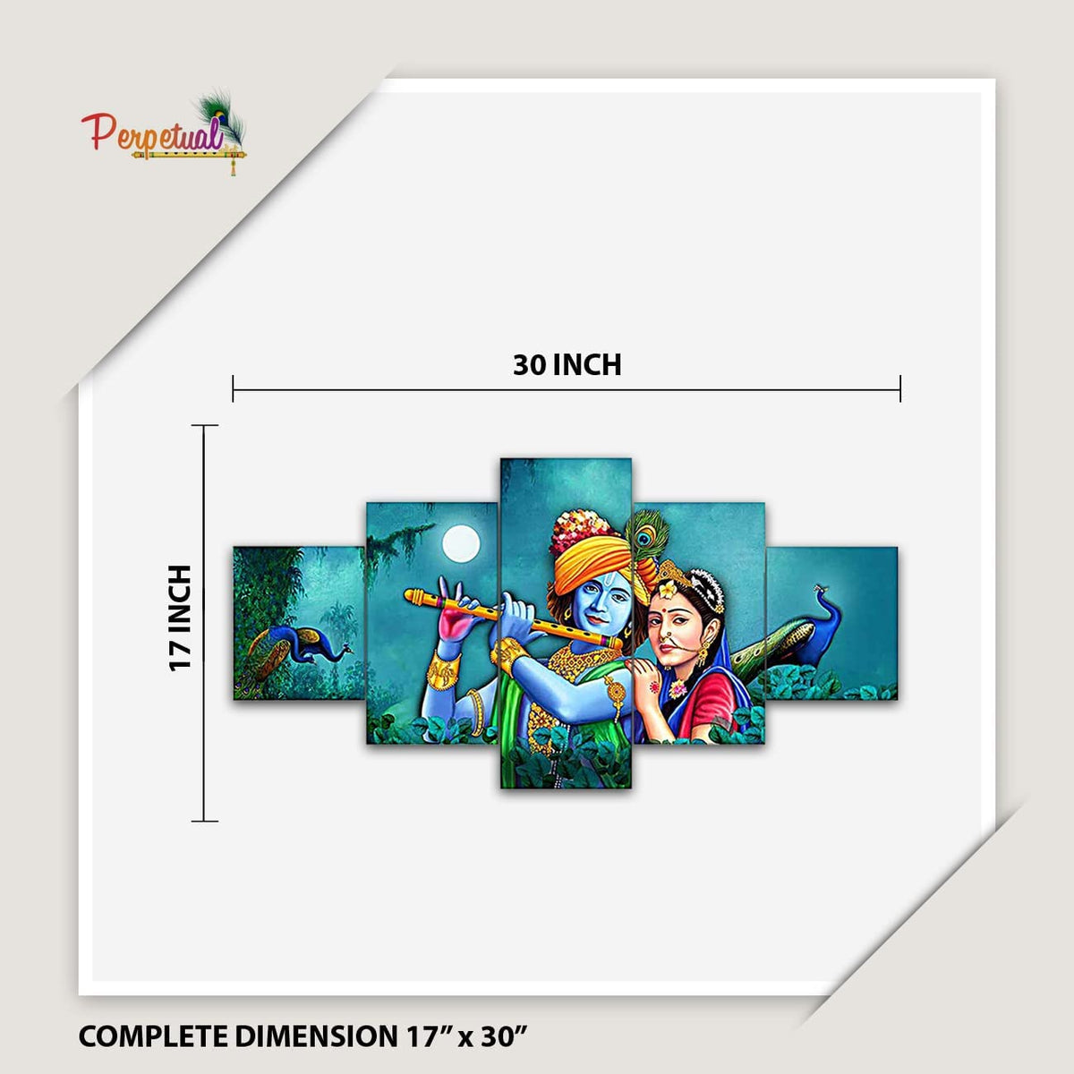 Radha Krishna 3D Scenery Wall Painting Set of 5 | Painting For Wall Decoration | Large Framed Wall Decor for Living Room, Office (75 x 43 cm) K8Md - Wood