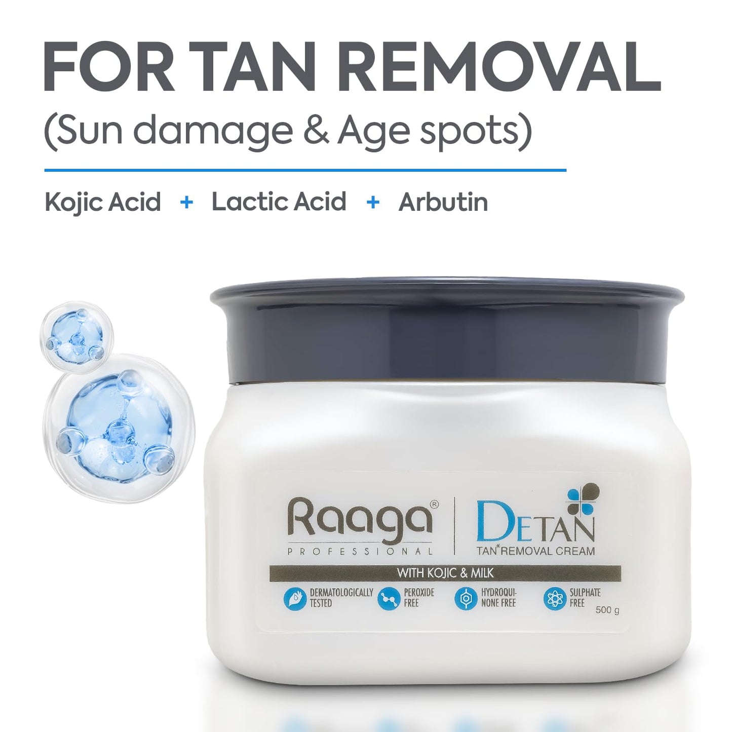 Raaga Detan tan removal cream jar with text about sun damage, age spots, and active ingredients on a white background.