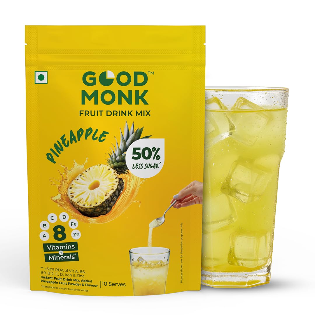 Good Monk Fruit Drink Mix (Natural Pineapple Powder), 50% Less Sugar with 8 Vitamins & Minerals (Vitamin B12, C, D, Iron & more) | Tasty & Healthy Drink Mix for Hydration, Energy, Immunity, 10 Serves