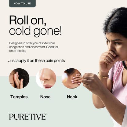 Promotional graphic for a product called 'PURETIVE' with text on how to use it and images of application points.