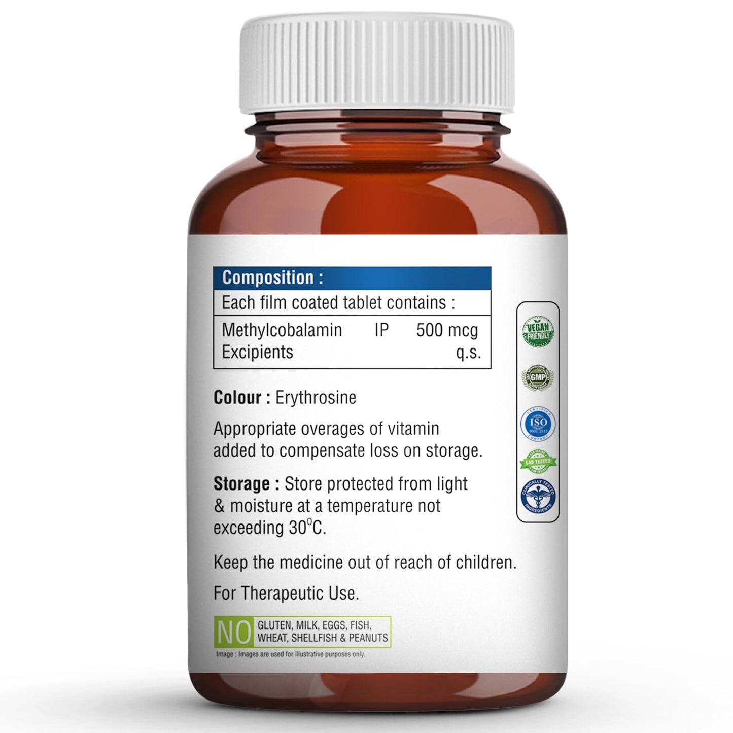 Bottle of supplements with label detailing ingredients and storage instructions on a white background