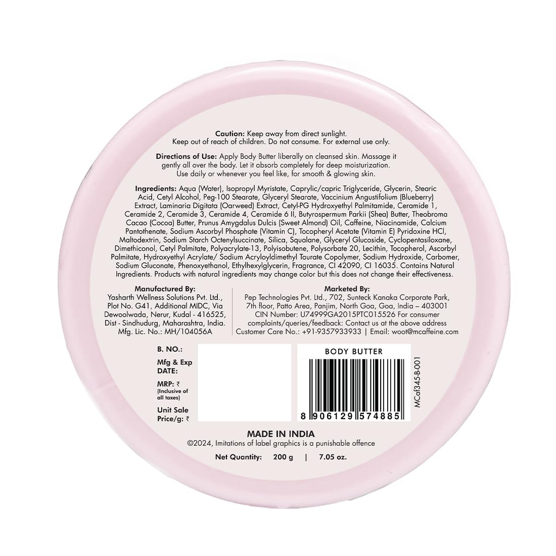 Back of a pink body butter container with text and a barcode on a white background