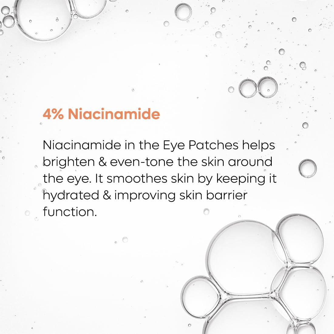 Advertisement for eye patches with niacinamide, showing bubbles and text on a light background.