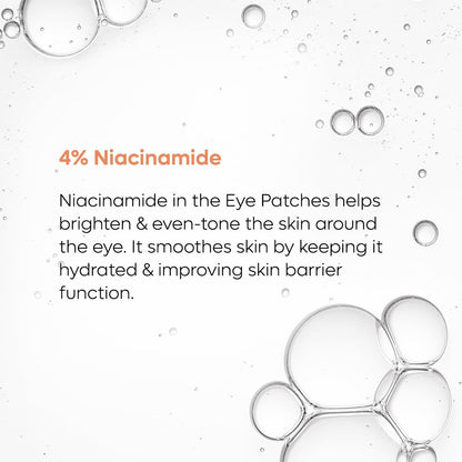 Advertisement for eye patches with niacinamide, showing bubbles and text on a light background.
