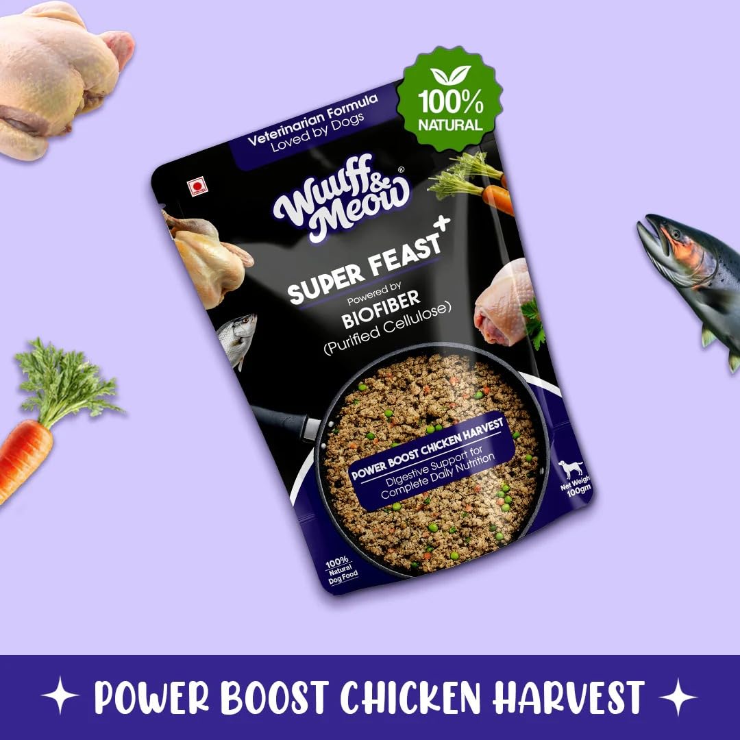 Wuuff&Meow Super Feast+ Gently Cooked Dog Food | Vet-Formulated Superfood Functional Fresh Food for Dogs | Powered By BIOFIBER™ Arbocel® Plant-Based Fiber | (100 g (Pack of 1))