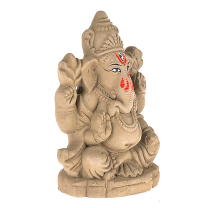 SAUDEEP INDIA Mitti Ganesh Idol | Eco-Friendly Mud/Clay 4 Bhuja Mukut Ganesh Murti | Ganpati Figurine for Visarjan | Biodegradable Ganesha Statue | Ganesh Chaturthi(4x3 Inches) (Regular Quality)