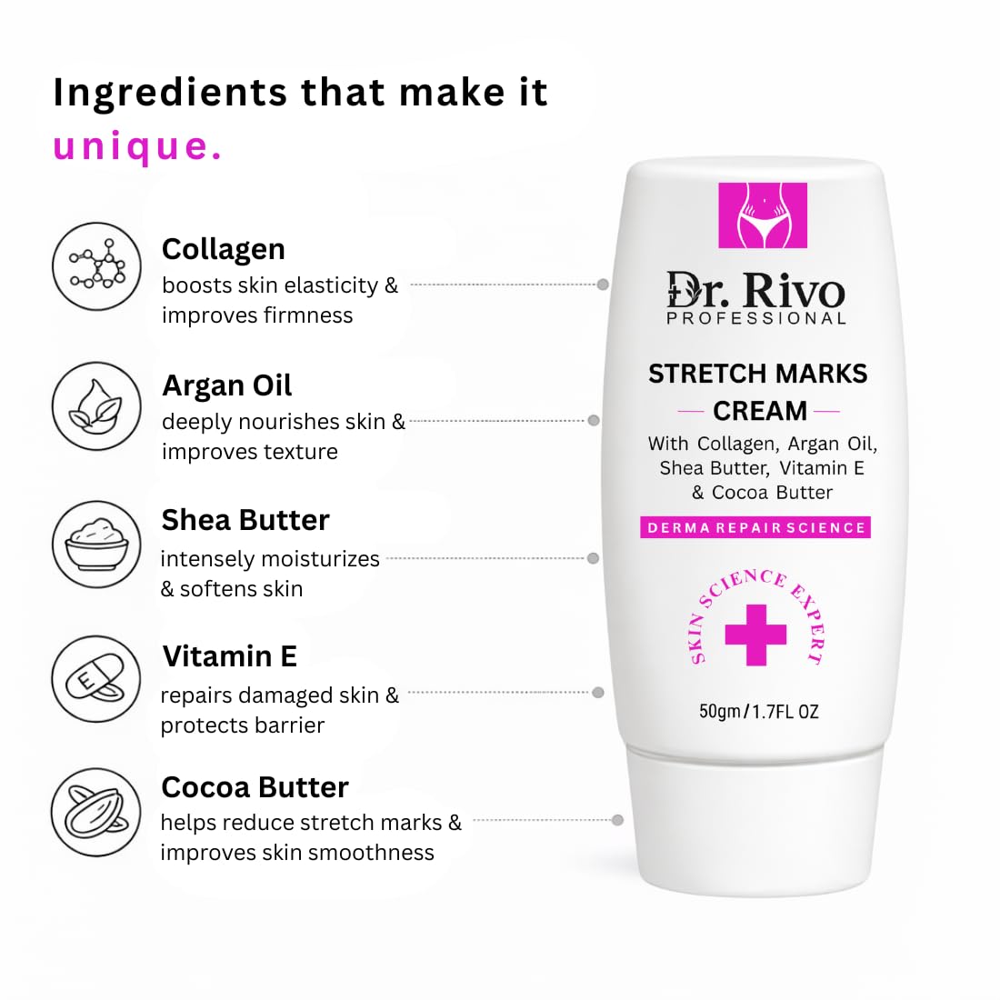 Dr. Rivo Professional Stretch Marks Cream for Women & Men | Pregnancy & Post Pregnancy Stretch Mark Care | Collagen, Shea Butter, Cocoa Butter & Vitamin E | Moisturizing Skin Repair Cream for Belly, Thighs & Hips | 50g