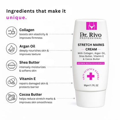 Dr. Rivo Professional Stretch Marks Cream for Women & Men | Pregnancy & Post Pregnancy Stretch Mark Care | Collagen, Shea Butter, Cocoa Butter & Vitamin E | Moisturizing Skin Repair Cream for Belly, Thighs & Hips | 50g
