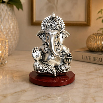 Gold Art India Ganpati Idol with Silver Antique Finish | Ganesha murti for Home Decor | Ganesh Statue for Car Dashboard | Ganpati ji murti for Puja | (MUKUTSILANTIQMATTEMDF) (3.5 x 2.5), Religious
