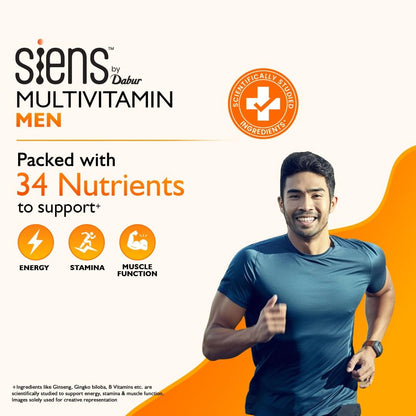 Siens By Dabur Multivitamin for Men-30 tablets | Enriched with 34 nutrients to Support Overall Health, Energy, Stamina & Muscle Function