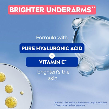 Advertisement for skincare product with pure hyaluronic acid and vitamin C on a blue background.
