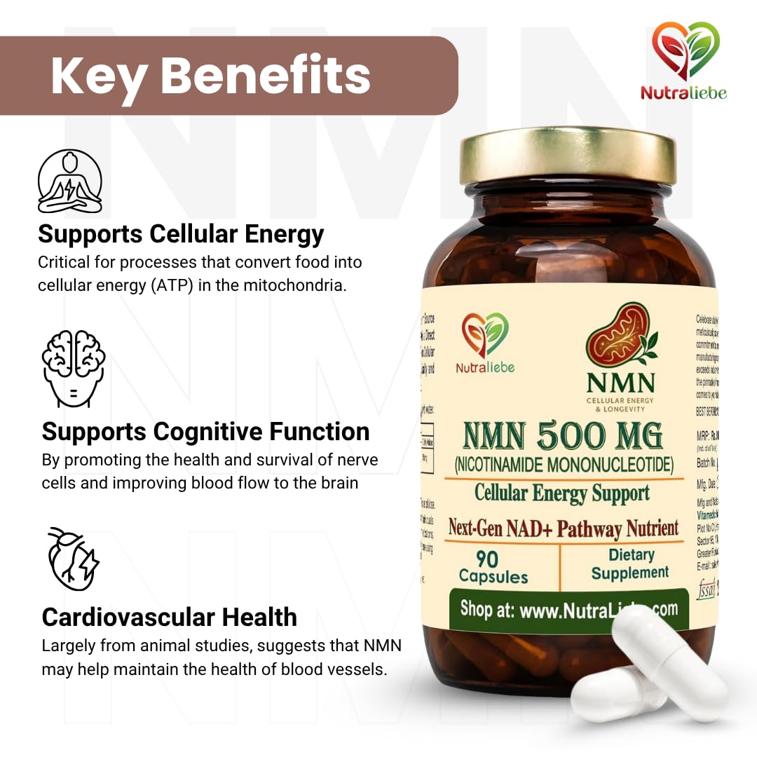 Nutraliebe NMN (β-Nicotinamide Mononucleotide) 500 mg – NAD+ Precursor for Cellular Energy, Anti-Aging & DNA Repair | Supports Brain, Metabolism & Mitochondrial Health | 90 Veg Capsules | Non-GMO & Gluten-Free