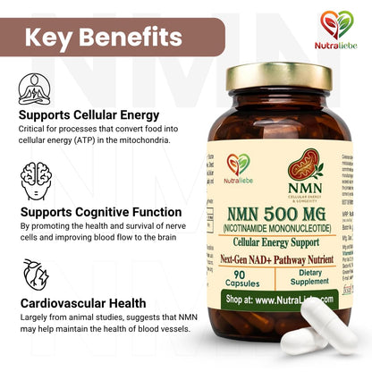 Nutraliebe NMN (β-Nicotinamide Mononucleotide) 500 mg – NAD+ Precursor for Cellular Energy, Anti-Aging & DNA Repair | Supports Brain, Metabolism & Mitochondrial Health | 90 Veg Capsules | Non-GMO & Gluten-Free