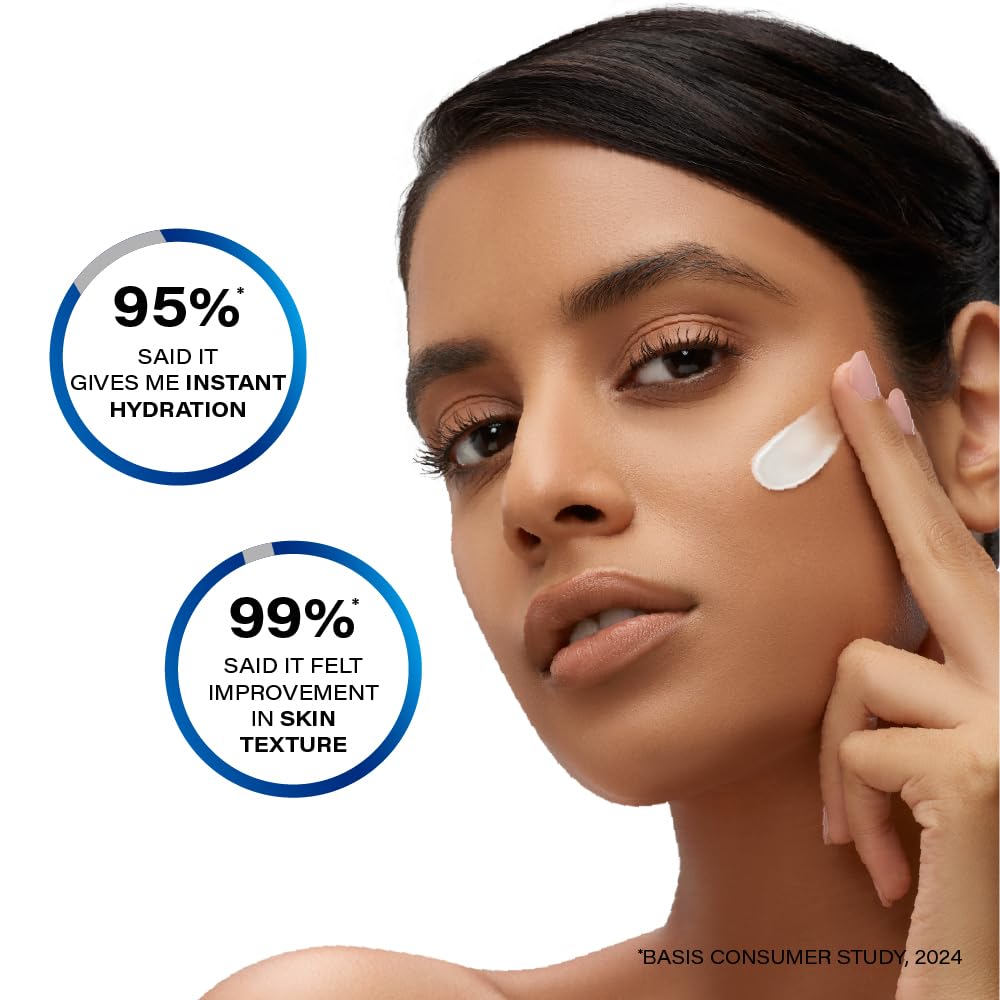 Woman applying cream to her face with product efficacy stats displayed.