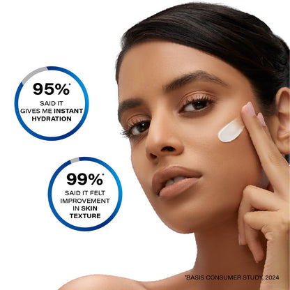 Woman applying cream to her face with product efficacy stats displayed.