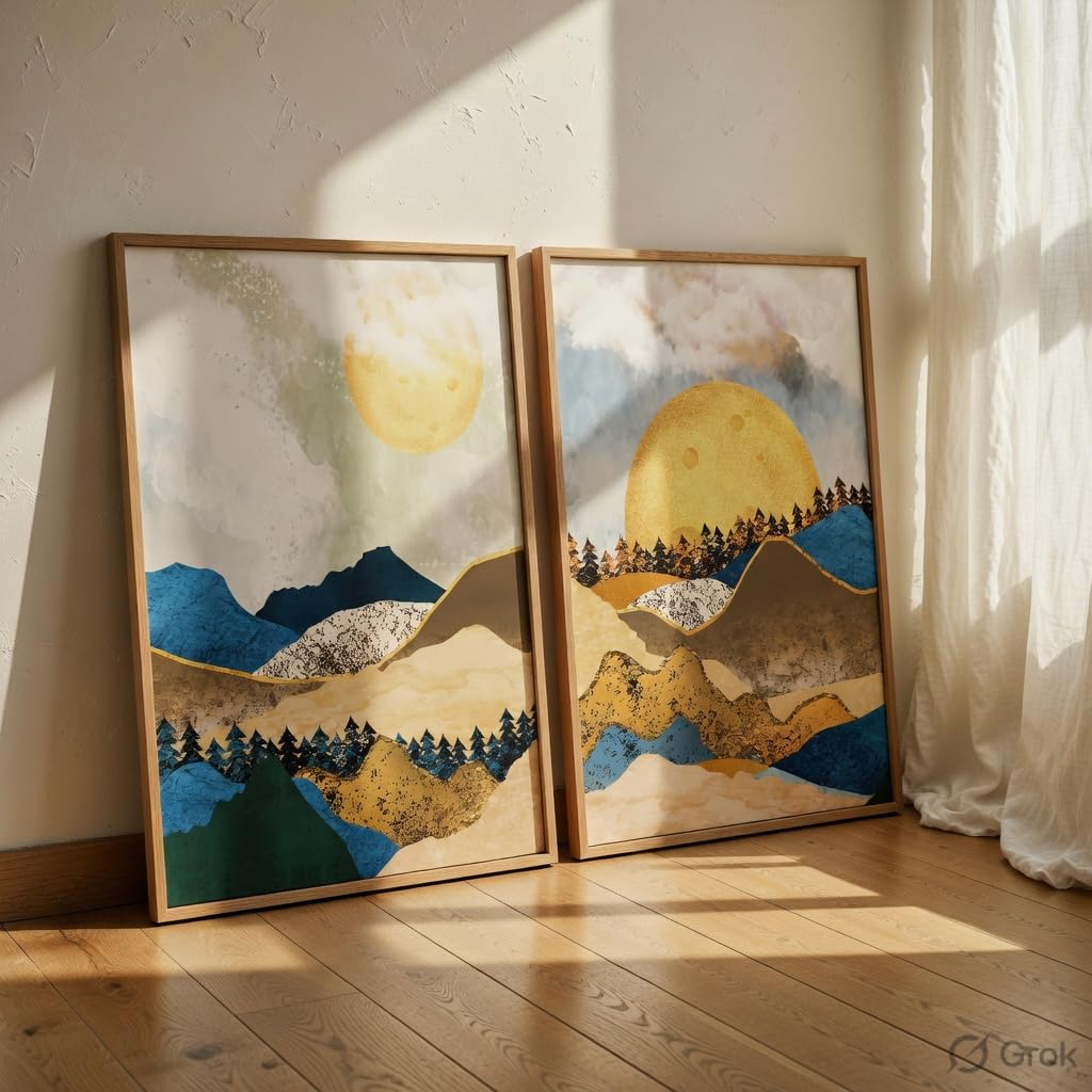Abstract Mountain Landscape Wall Painting Set of 2 with Wooden Frames | Modern Sun Mountain Artwork HD Sparkle Laminated MDF Wall Decor | Nature Wall Art for Living Room
