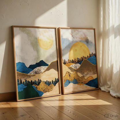 Abstract Mountain Landscape Wall Painting Set of 2 with Wooden Frames | Modern Sun Mountain Artwork HD Sparkle Laminated MDF Wall Decor | Nature Wall Art for Living Room