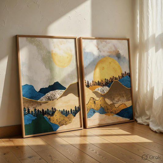 Abstract Mountain Landscape Wall Painting Set of 2 with Wooden Frames | Modern Sun Mountain Artwork HD Sparkle Laminated MDF Wall Decor | Nature Wall Art for Living Room