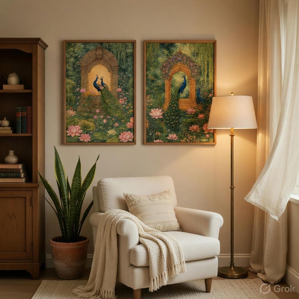 Royal Peacock Garden Wall Painting Set of 2 with Wooden Frames | Mughal Palace Peacock Artwork HD Sparkle Laminated MDF Wall Decor | Traditional Indian Wall Art for Living Room Bedroom