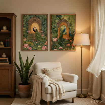 Royal Peacock Garden Wall Painting Set of 2 with Wooden Frames | Mughal Palace Peacock Artwork HD Sparkle Laminated MDF Wall Decor | Traditional Indian Wall Art for Living Room Bedroom