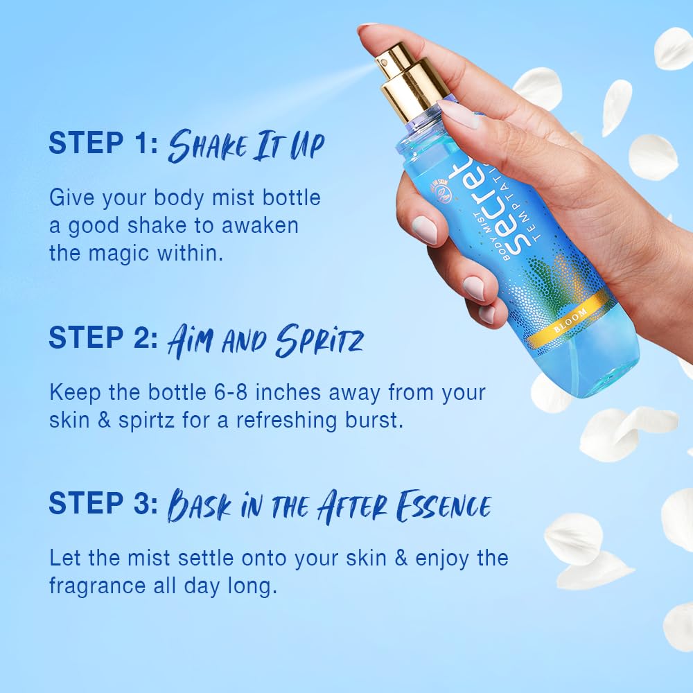 Hand holding a blue spray bottle with text on how to use it against a light blue background.