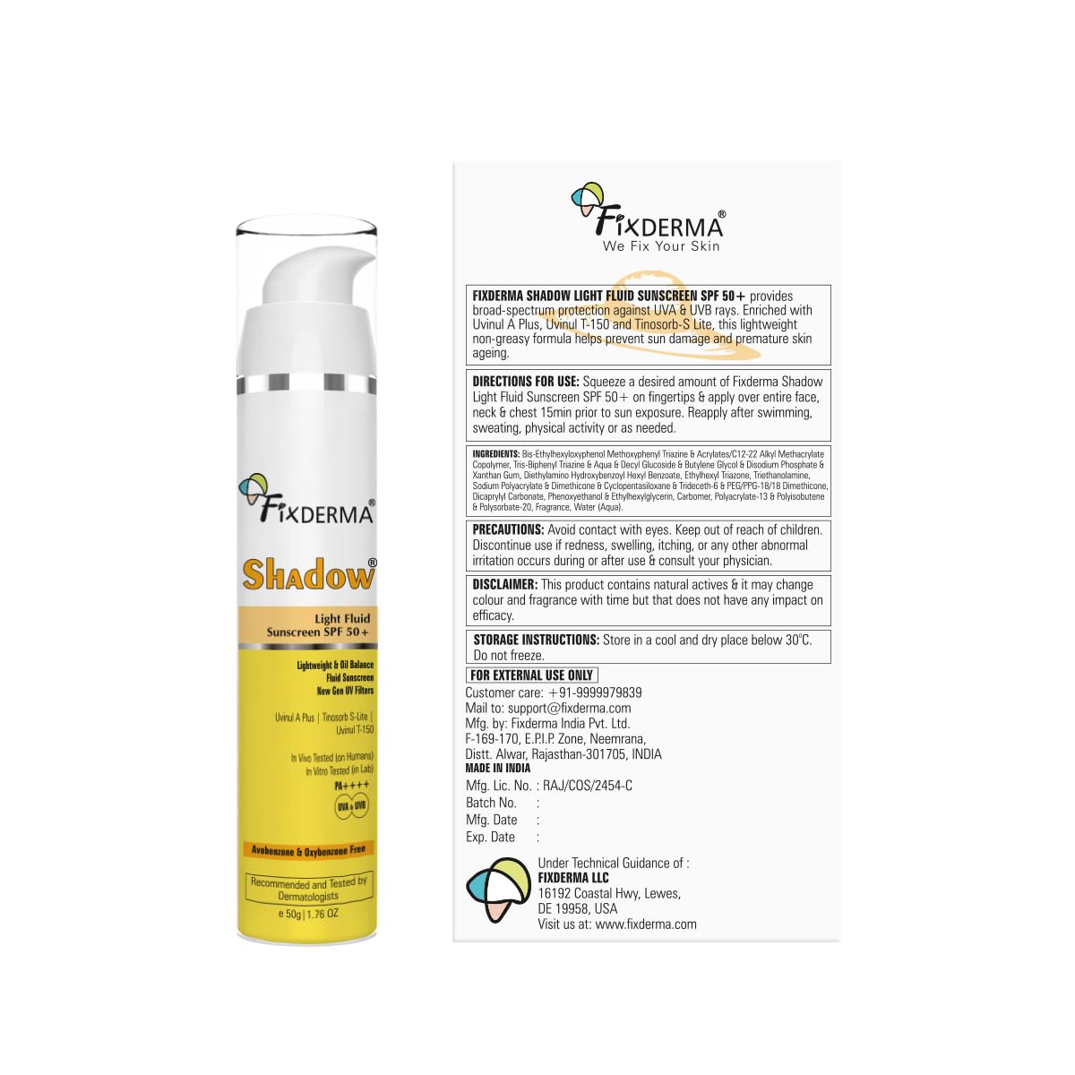 Fixderma Shadow Light Fluid Sunscreen SPF 50+ & PA++++, Lightweight & Oil Free, Clinically Tested in-Vivo, for Oily Skin, Sensitive, No White Cast, UVA/UVB Protection - 50g