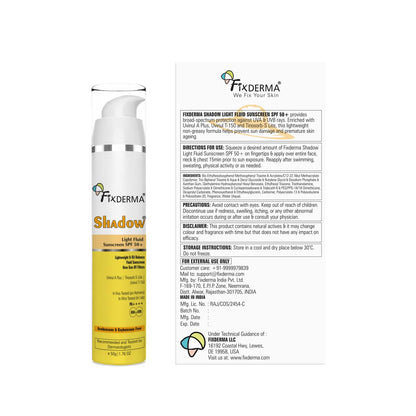 Fixderma Shadow Light Fluid Sunscreen SPF 50+ & PA++++, Lightweight & Oil Free, Clinically Tested in-Vivo, for Oily Skin, Sensitive, No White Cast, UVA/UVB Protection - 50g