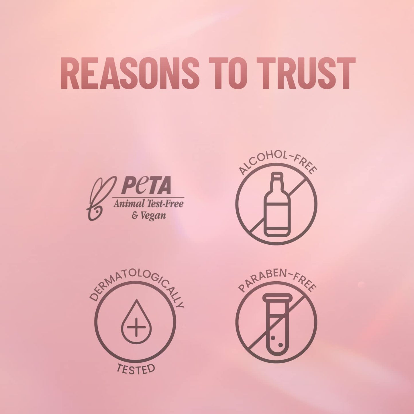 Product label with 'PETA' certification, alcohol-free, dermatologically tested, and paraben-free icons on a pink background.