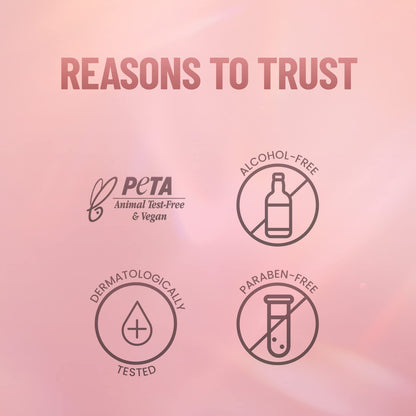 Product label with 'PETA' certification, alcohol-free, dermatologically tested, and paraben-free icons on a pink background.
