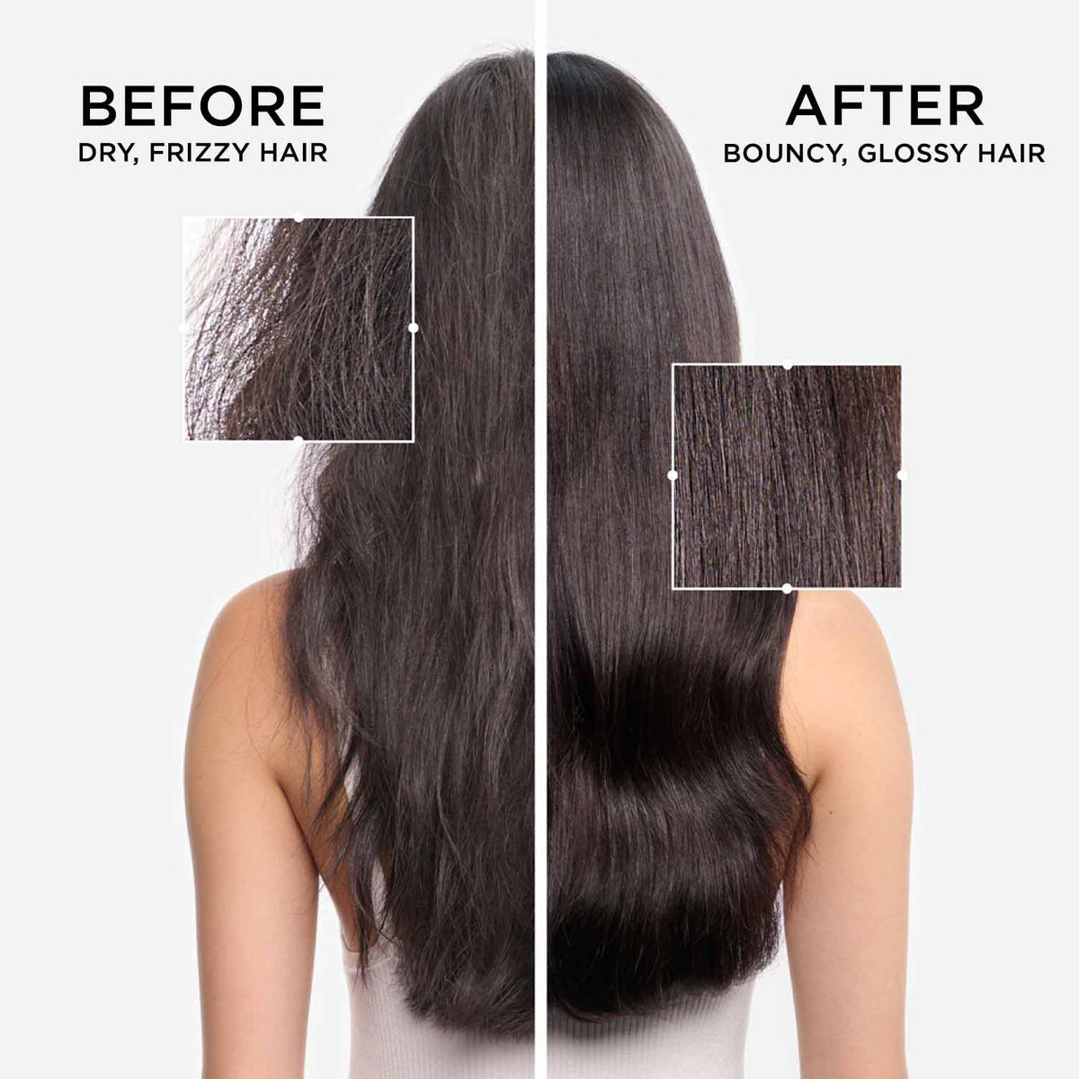 Before and after comparison of dry, frizzy hair to bouncy, glossy hair.