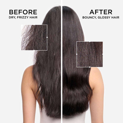 Before and after comparison of dry, frizzy hair to bouncy, glossy hair.