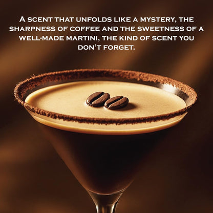 Martini glass with chocolate rim and coffee beans on a dark background with text about coffee and martini scent.