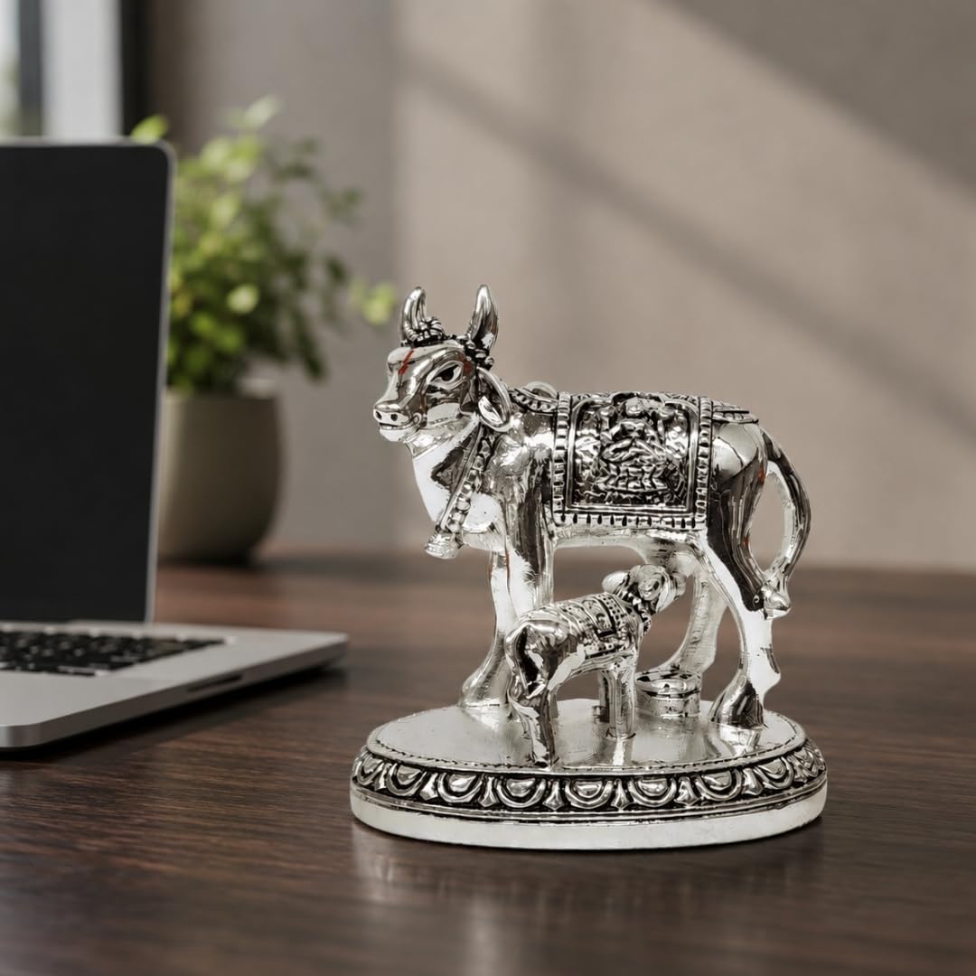 Gold Art India Kamdhenu Cow and Calf Idol | Silver Finish Decorative Murti | 7.62 cm x 7.62 cm | Sacred Gau MATA Statue for Home Temple & Gift