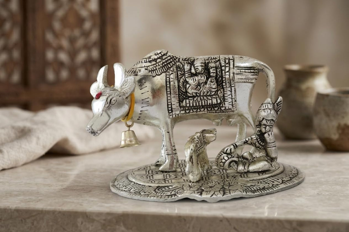KridayKraft Kamdhenu Cow and Calf with Krishna Idol, Silver-Plated Decorative Showpiece for Home Decor and Gift, 14 x 11 cm X 10 cm, 350 g