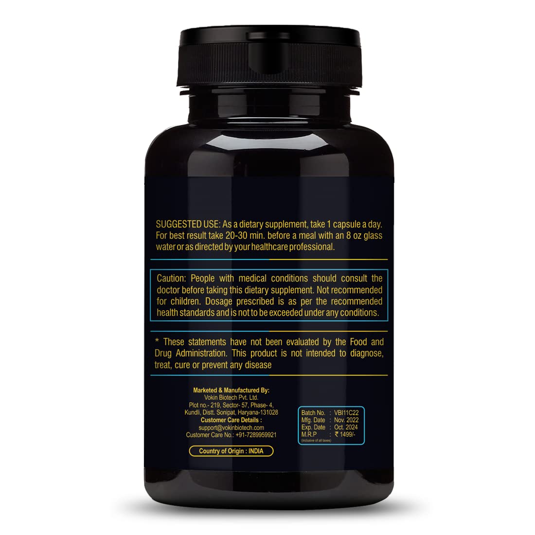 Black supplement bottle with yellow text on a white background